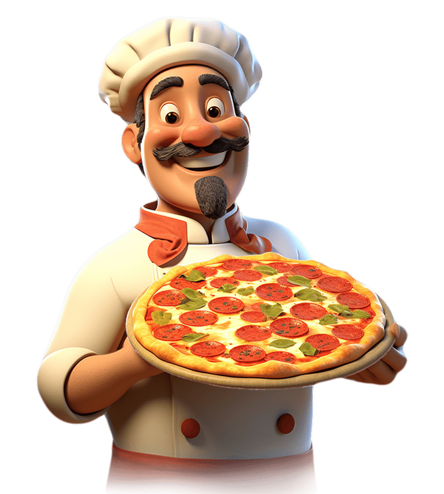 Chef de Pizzas Watson presentando una pizza